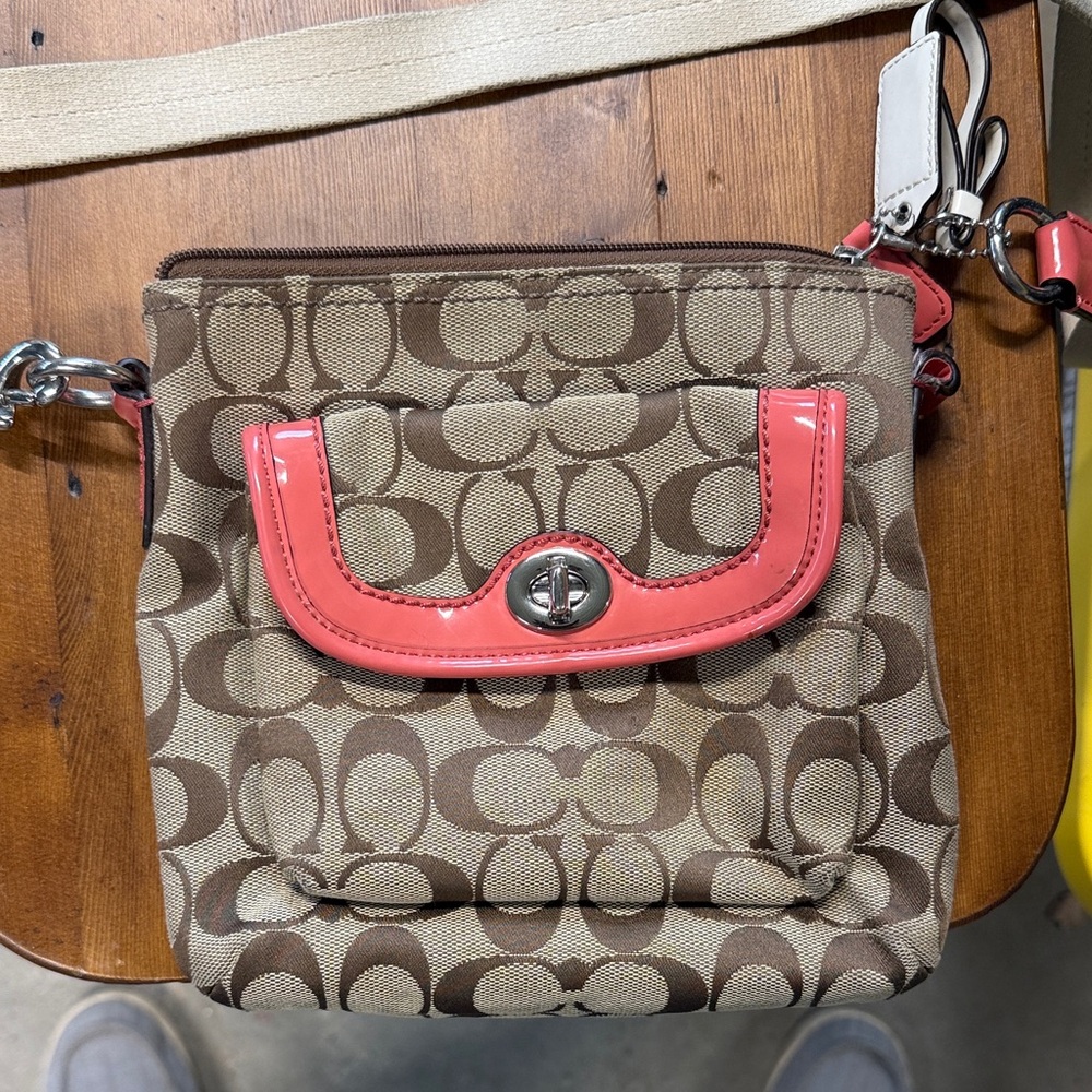 Coach Brown Signature Crossbody with Coral Trim